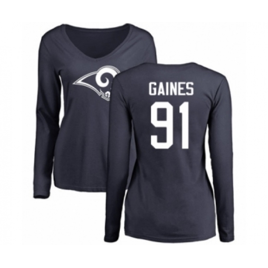 Football Women's Los Angeles Rams #91 Greg Gaines Navy Blue Name & Number Logo Slim Fit Long Sleeve T-Shirt - Jersey
