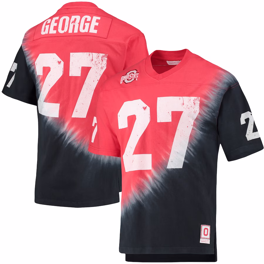 Eddie George Ohio State Buckeyes Mitchell & Ness Name & Number Tie-Dye V-Neck T-Shirt - Black/Scarlet - Jersey