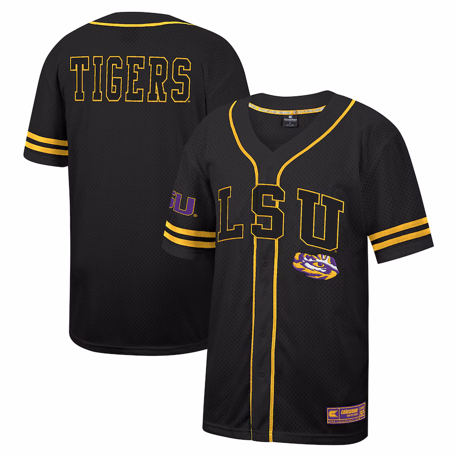 Men's Colosseum Black LSU Tigers Free Spirited Mesh Button-Up Baseball Jersey - Jersey