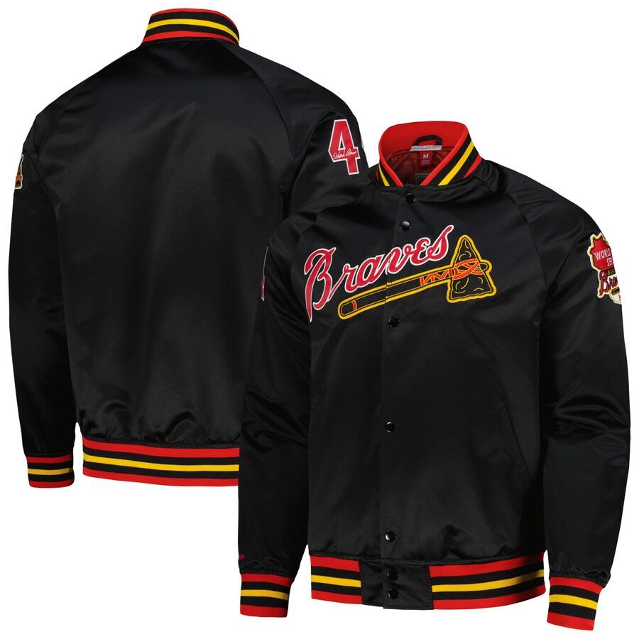Men's Milwaukee Braves Hank Aaron Mitchell & Ness Black Cooperstown Collection Legends Lightweight Satin Raglan Full-Snap Jacket - Jersey