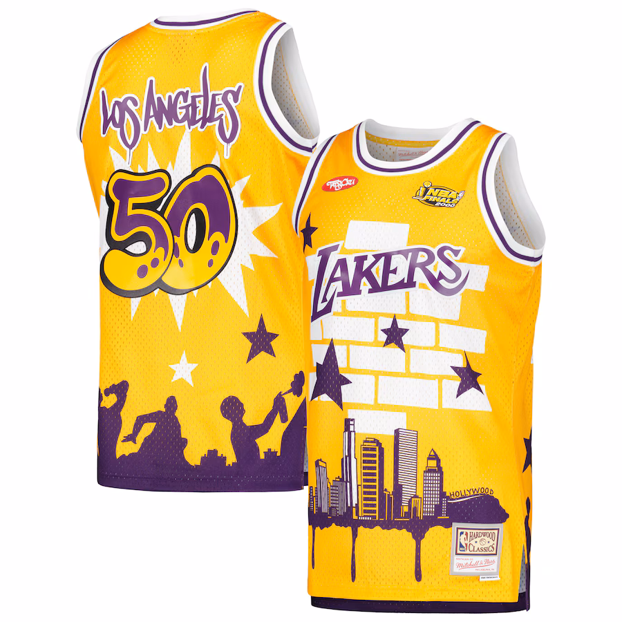 Men's Los Angeles Lakers Mitchell & Ness x Tats Cru Gold Hardwood Classics Fashion Jersey - Jersey