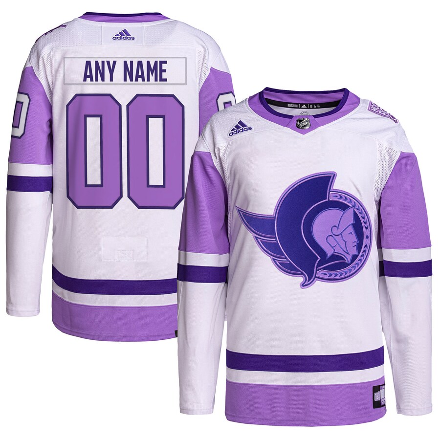 Men's Ottawa Senators adidas White/Purple Hockey Fights Cancer Primegreen Authentic Custom Jersey - Jersey