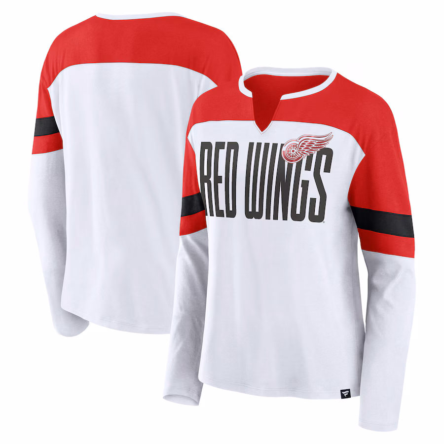 Women's Detroit Red Wings Fanatics White/Red Frozen Long Sleeve Notch Neck T-Shirt - Jersey