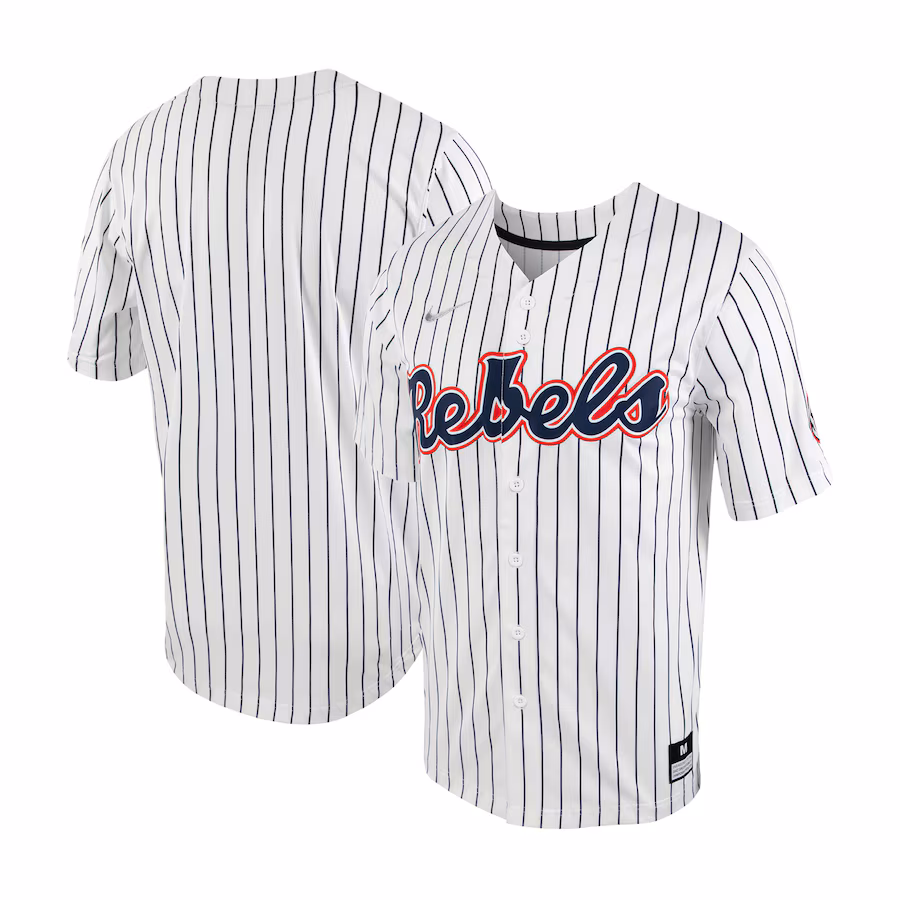Men's Nike White/Navy Ole Miss Rebels Pinstripe Replica Full-Button Baseball Jersey - Jersey
