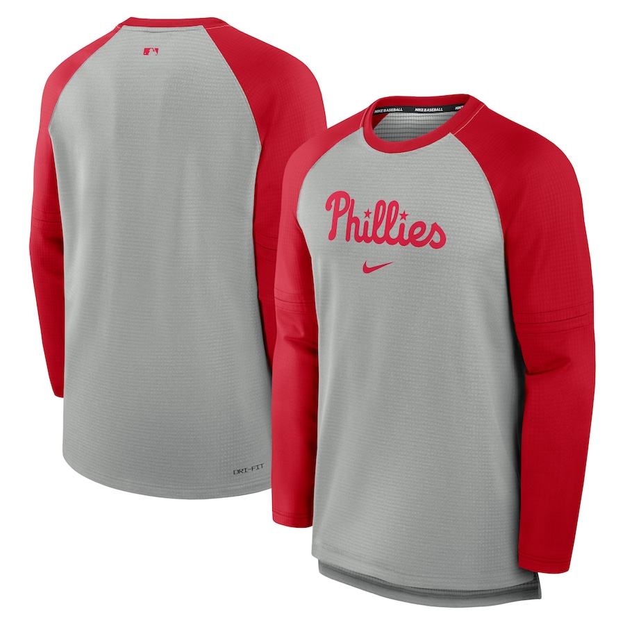 Men's Philadelphia Phillies Nike Heather Gray/Red Authentic Collection Game Time Raglan Performance Long Sleeve T-Shirt - Jersey