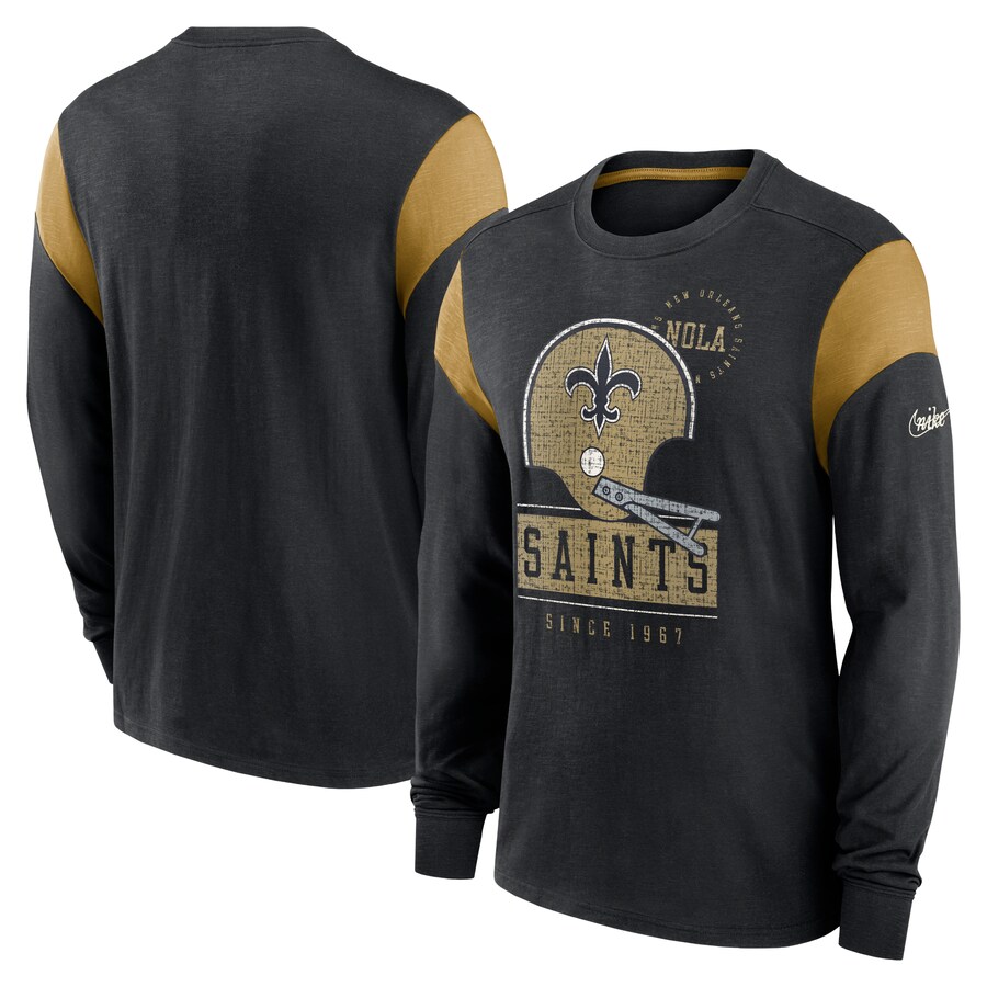 Men's New Orleans Saints Nike Heather Black Rewind Playback Helmet Long Sleeve T-Shirt - Jersey