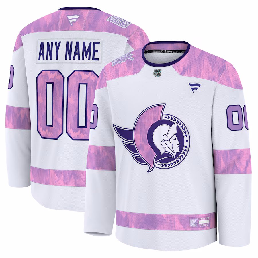 Men's Ottawa Senators Fanatics White 2024 Hockey Fights Cancer Custom Practice Jersey - Jersey