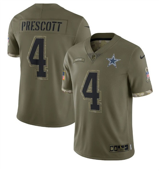 Men's Dallas Cowboys #4 Dak Prescott 2022 Olive Salute To Service Limited Stitched Jersey - Jersey
