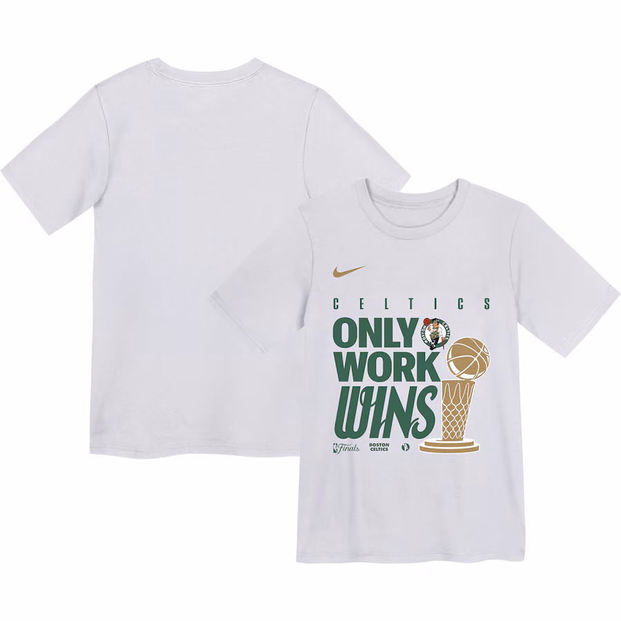 Youth Boston Celtics Nike White 2024 NBA Finals Champions Celebration Parade T-Shirt - Jersey
