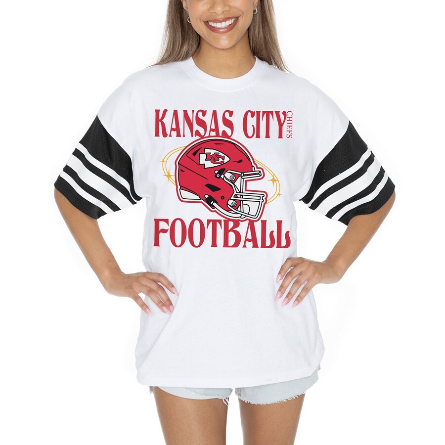 Women's Kansas City Chiefs Gameday Couture White Vintage Look Contrast Mesh Striped Raglan T-Shirt - Jersey