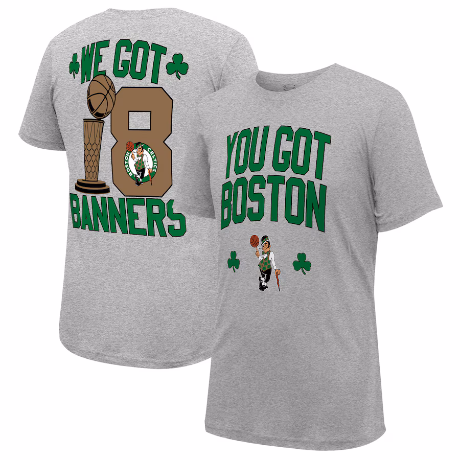 Men's Boston Celtics Stadium Essentials Heather Gray 18-Time NBA Finals Champions We Got 18 Banners T-Shirt - Jersey