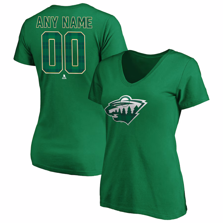 Women's Minnesota Wild Green Emerald Plaid Personalized Name & Number V-Neck T-Shirt - Jersey