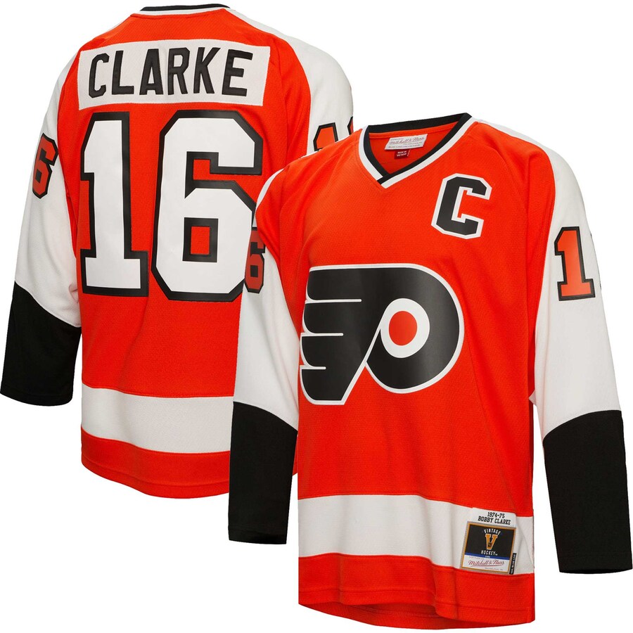 Men's Philadelphia Flyers Bobby Clarke Mitchell & Ness Orange 1974/75 Captain Patch Blue Line Player Jersey - Jersey