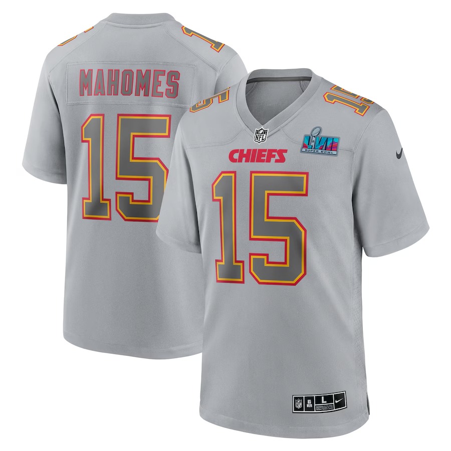Men's Kansas City Chiefs Patrick Mahomes Nike Gray Super Bowl LVII (2022 Season) Patch Atmosphere Fashion Game Jersey - Jersey