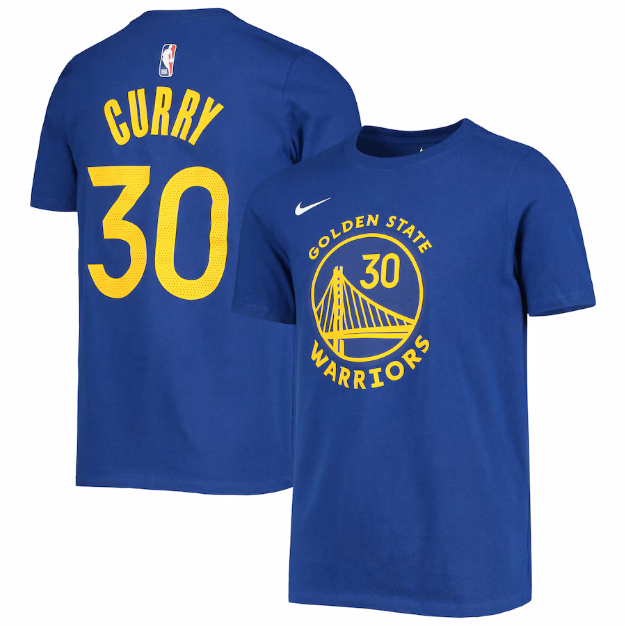 Youth Golden State Warriors Stephen Curry Nike Royal Logo Name & Number Performance T-Shirt - Jersey