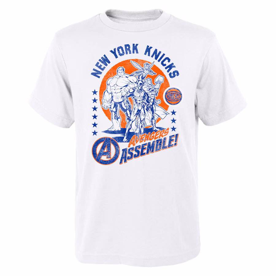 Youth New York Knicks White NBA x Marvel Avengers Squad T-Shirt - Jersey