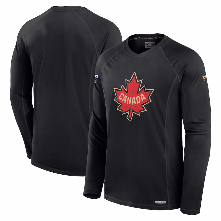 Men's Canada Fanatics Black 2025 4 Nations Face-Off Authentic Pro Long Sleeve Tech T-Shirt - Jersey