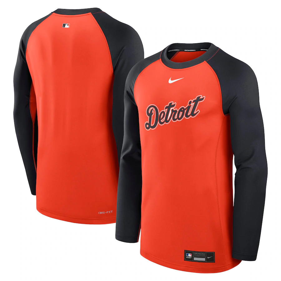 Men's Detroit Tigers Nike Orange/Navy Authentic Collection Game Time Raglan Performance Long Sleeve T-Shirt - Jersey