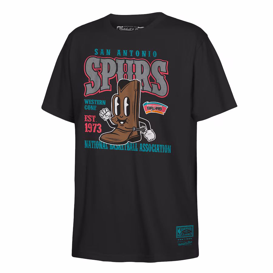 Youth San Antonio Spurs Mitchell & Ness Black Retro Mascot Script T-Shirt - Jersey