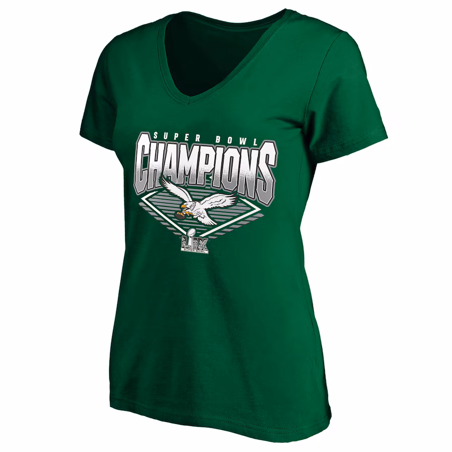 Women's Philadelphia Eagles Fanatics Kelly Green Super Bowl LIX Champions Plus Size Retro V-Neck T-Shirt - Jersey