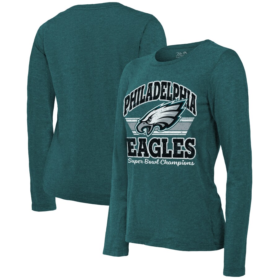 Women's Philadelphia Eagles  Majestic Threads Midnight Green Super Bowl LIX Champions Coffin Corner Boyfriend Long Sleeve Tri-Blend T-Shirt - Jersey