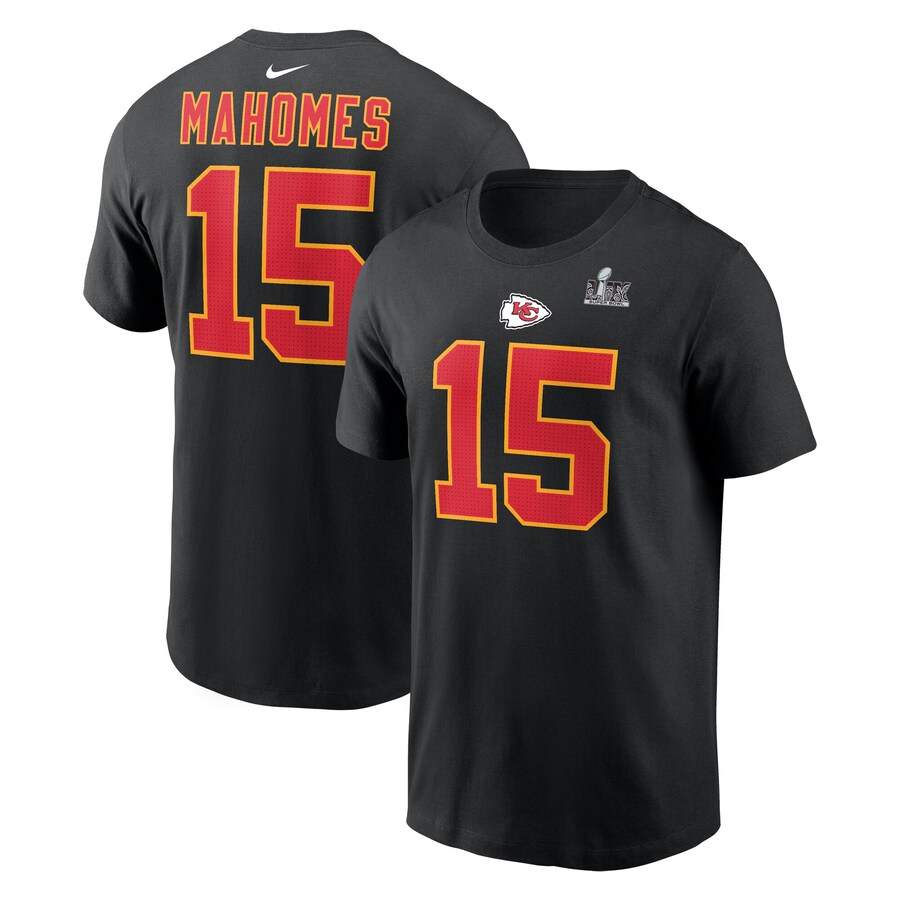 Men's Kansas City Chiefs Patrick Mahomes Nike Black Super Bowl LIX Name & Number T-Shirt - Jersey