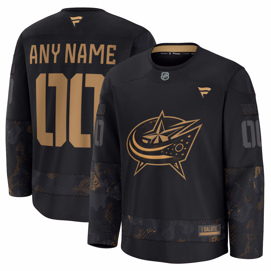 Men's Columbus Blue Jackets Fanatics Black 2024 Military Appreciation Personalized Long Sleeve Practice Jersey - Jersey