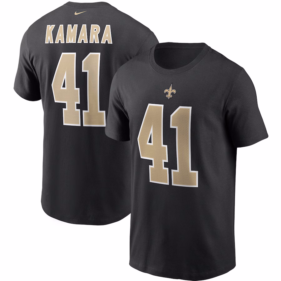 Men's New Orleans Saints Alvin Kamara Nike Black Name & Number T-Shirt - Jersey