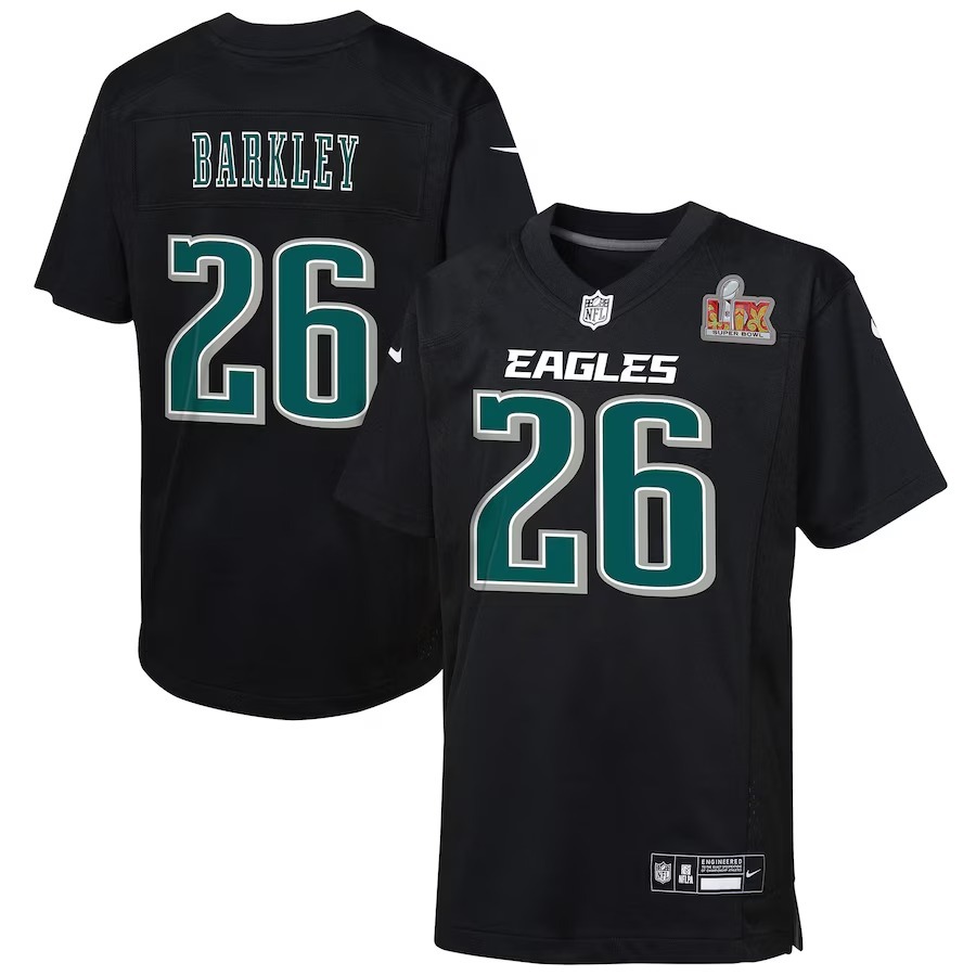 Youth Philadelphia Eagles Saquon Barkley Nike Carbon Black Super Bowl LIX Patch Fashion Game Player Jersey - Jersey