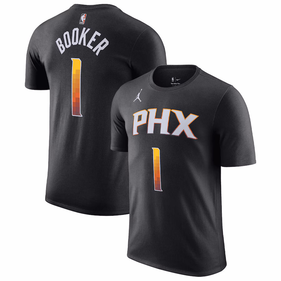 Men's Phoenix Suns Devin Booker Jordan Brand Black 2022/23 Statement Edition Name & Number T-Shirt - Jersey
