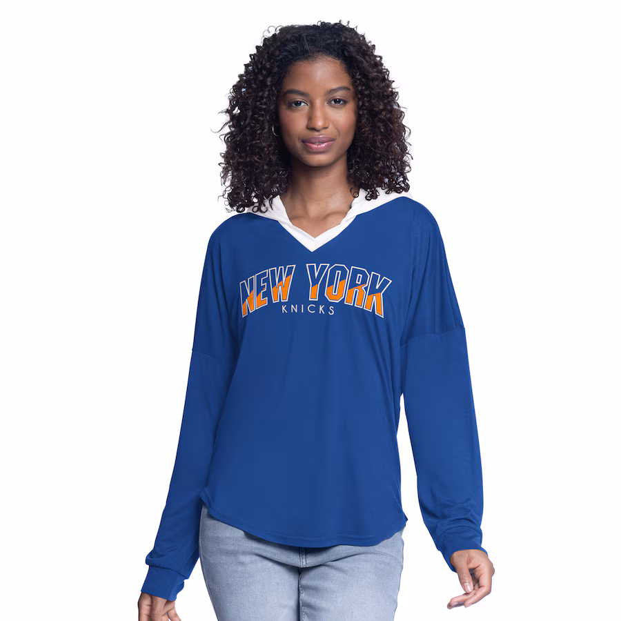 Women's New York Knicks G-III 4Her by Carl Banks Blue Bench Player Oversized Long Sleeve Hooded Top - Jersey