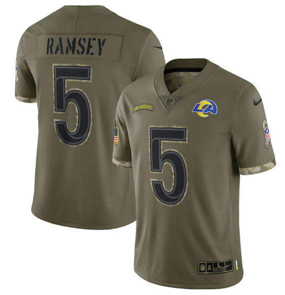 Men's Los Angeles Rams #5 Jalen Ramsey 2022 Olive Salute To Service Limited Stitched Jersey - Jersey