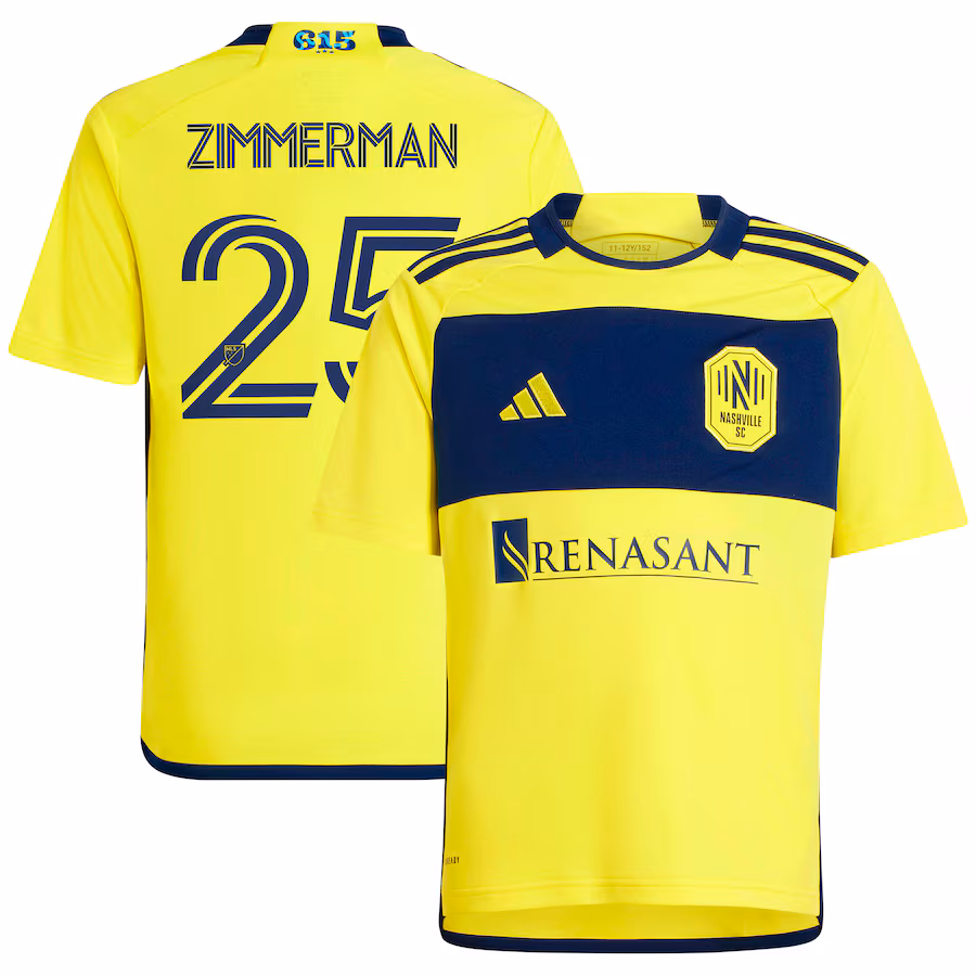 Youth Nashville SC Walker Zimmerman adidas Yellow 2024 The 615 Kit Replica Player Jersey - Jersey