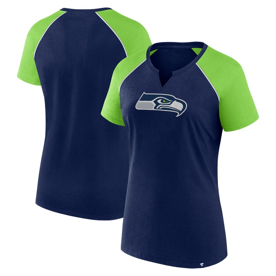 Women's Seattle Seahawks Fanatics College Navy/Neon Green Glittered Primary Raglan T-Shirt - Jersey