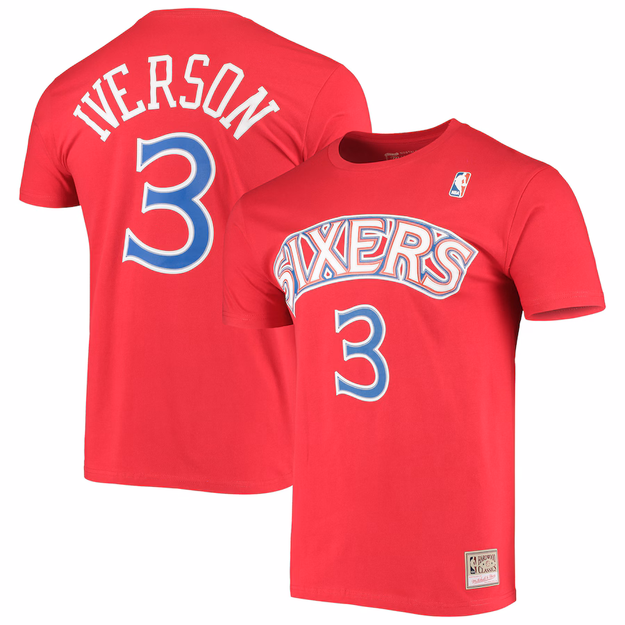 Men's Philadelphia 76ers Allen Iverson Mitchell & Ness Red Hardwood Classics Stitch Name & Number T-Shirt - Jersey