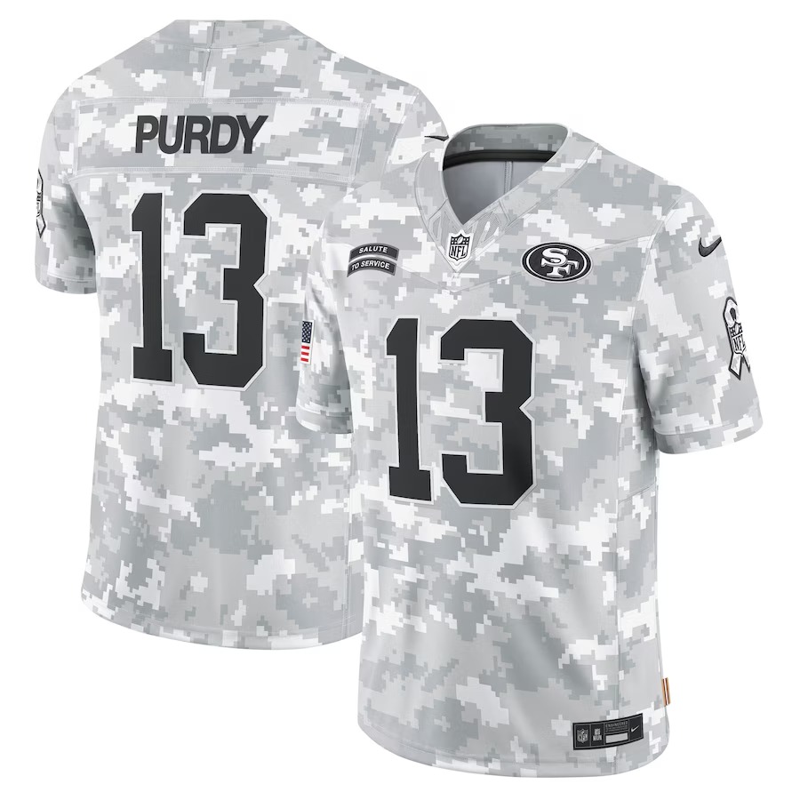 Men's San Francisco 49ers Brock Purdy Nike Arctic Camo 2024 Salute to Service Limited Jersey - Jersey
