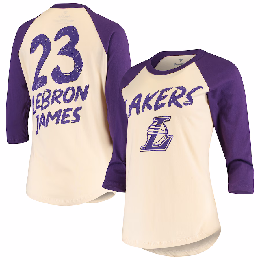 Women's Los Angeles Lakers LeBron James Fanatics Cream Raglan 3/4-Sleeve T-Shirt - Jersey