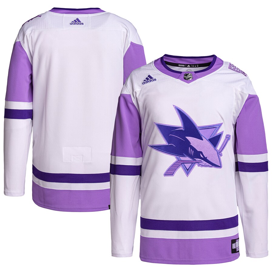 Men's San Jose Sharks adidas White/Purple Hockey Fights Cancer Primegreen Authentic Blank Practice Jersey - Jersey