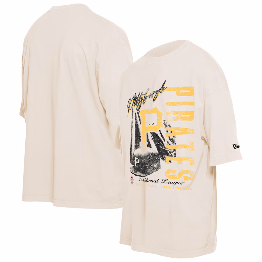 Men's Pittsburgh Pirates New Era Cream Cooperstown Collection Oversized Throwback Distressed T-Shirt - Jersey