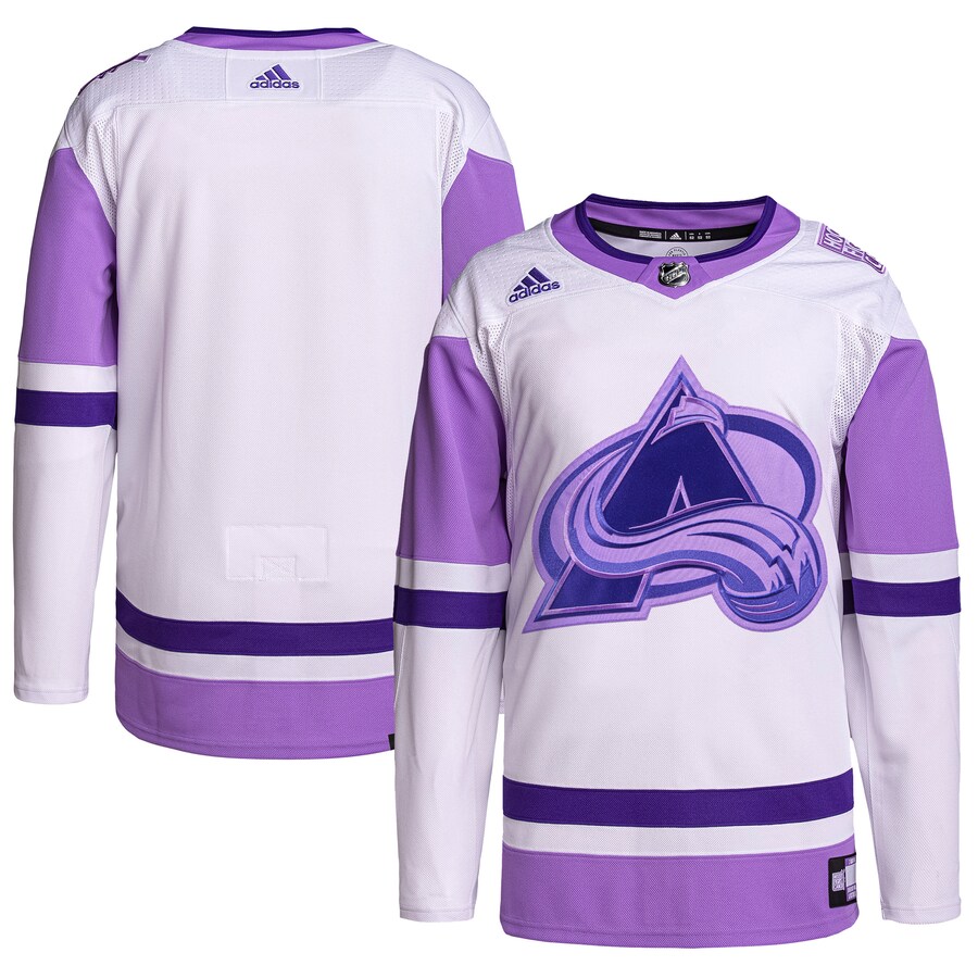 Men's Colorado Avalanche adidas White/Purple Hockey Fights Cancer Primegreen Authentic Blank Practice Jersey - Jersey