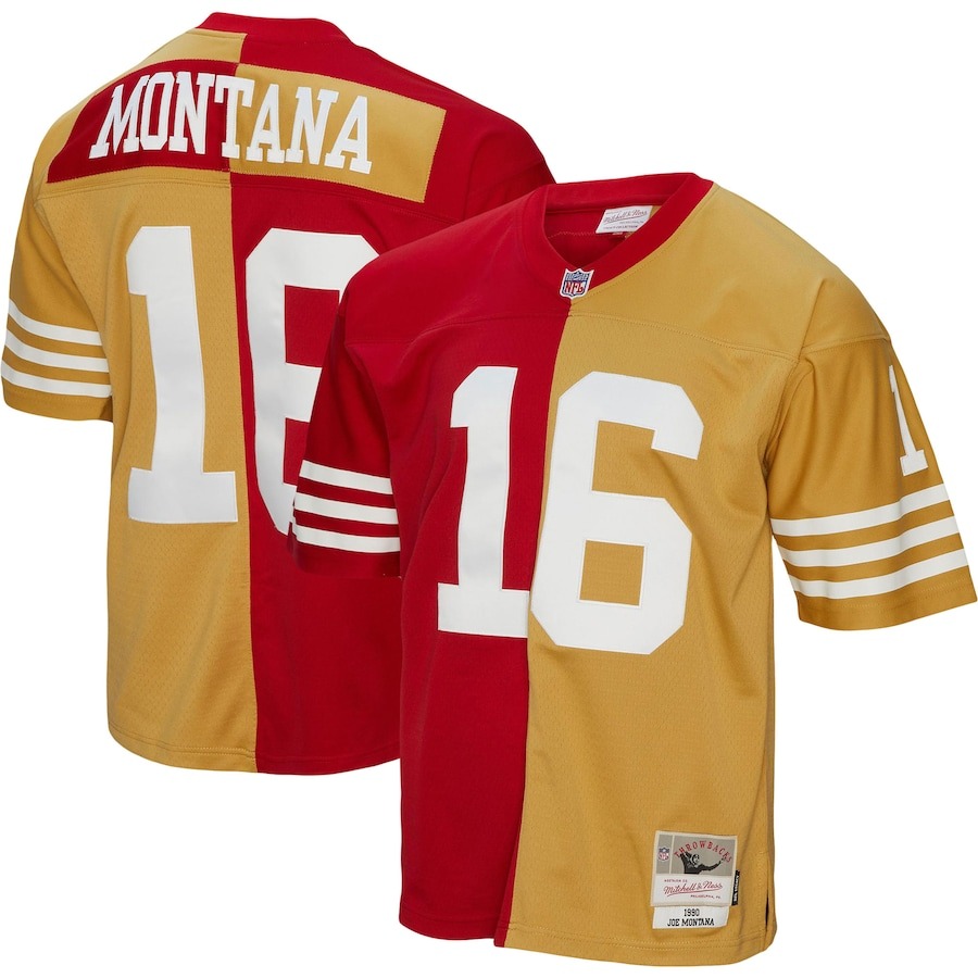 Men's San Francisco 49ers Joe Montana Mitchell & Ness Scarlet/Gold 1990 Split Legacy Replica Jersey - Jersey
