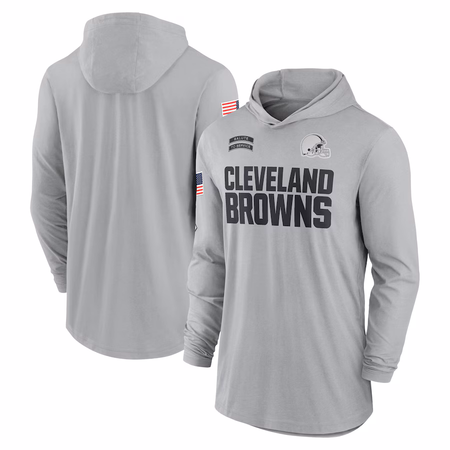 Men's Cleveland Browns Nike Gray 2024 Salute to Service Lightweight Performance Long Sleeve Hooded T-Shirt - Jersey