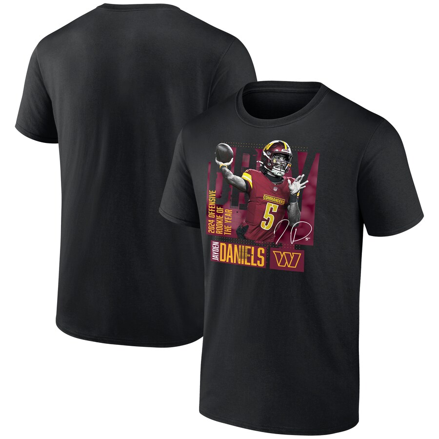 Men's Washington Commanders Jayden Daniels Black 2024 NFL Offensive Rookie of the Year T-Shirt - Jersey