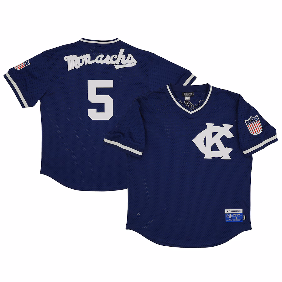 Men's Kansas City Monarchs #5 Rings & Crwns Navy Mesh Replica V-Neck Jersey - Jersey