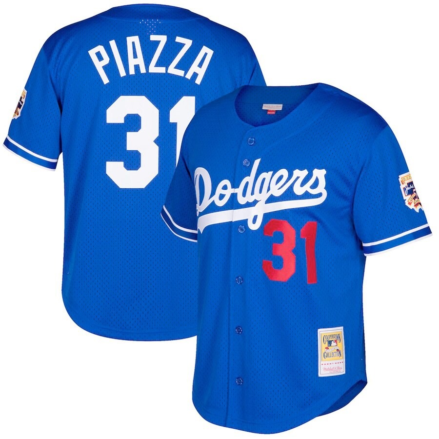Men's Los Angeles Dodgers Mike Piazza Mitchell & Ness Royal Big & Tall Cooperstown Collection Mesh Button-Up Jersey - Jersey
