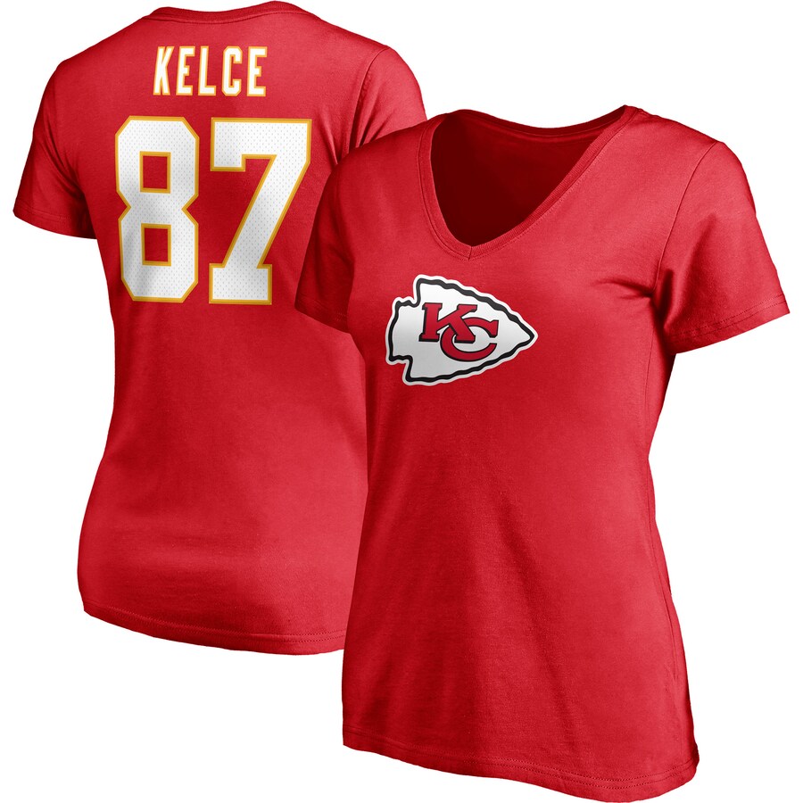 Women's Kansas City Chiefs Travis Kelce Fanatics Red Player Icon Name & Number V-Neck T-Shirt - Jersey