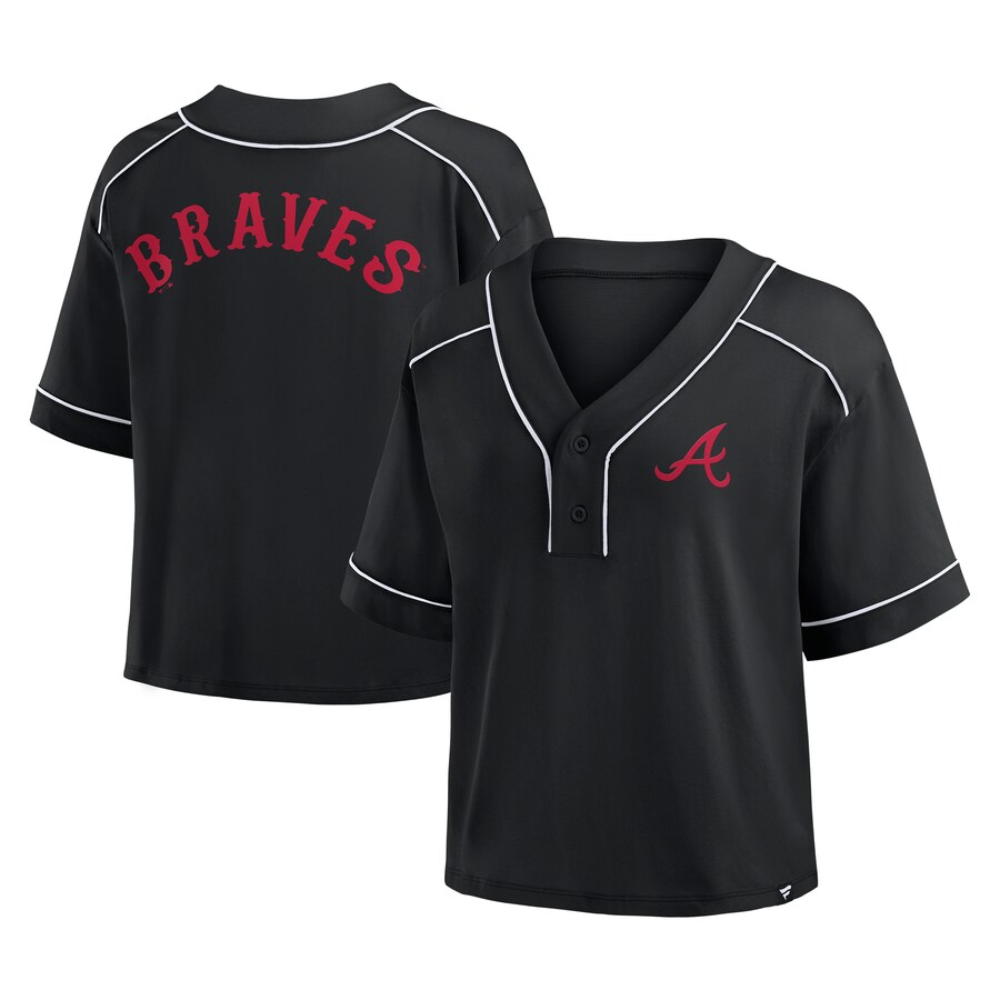 Women's Atlanta Braves Fanatics Black Oversized Champ Game Cropped V-Neck T-Shirt - Jersey