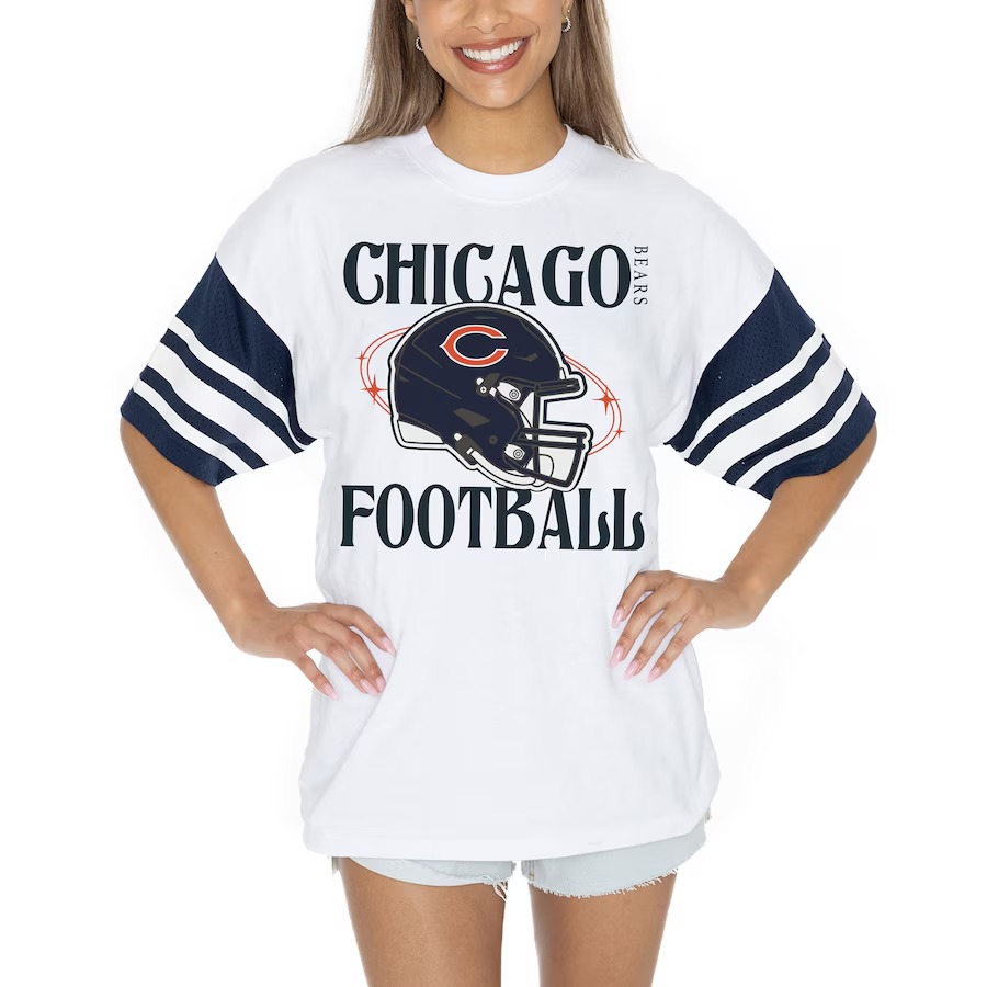 Women's Chicago Bears Gameday Couture White Vintage Look Contrast Mesh Striped Raglan T-Shirt - Jersey