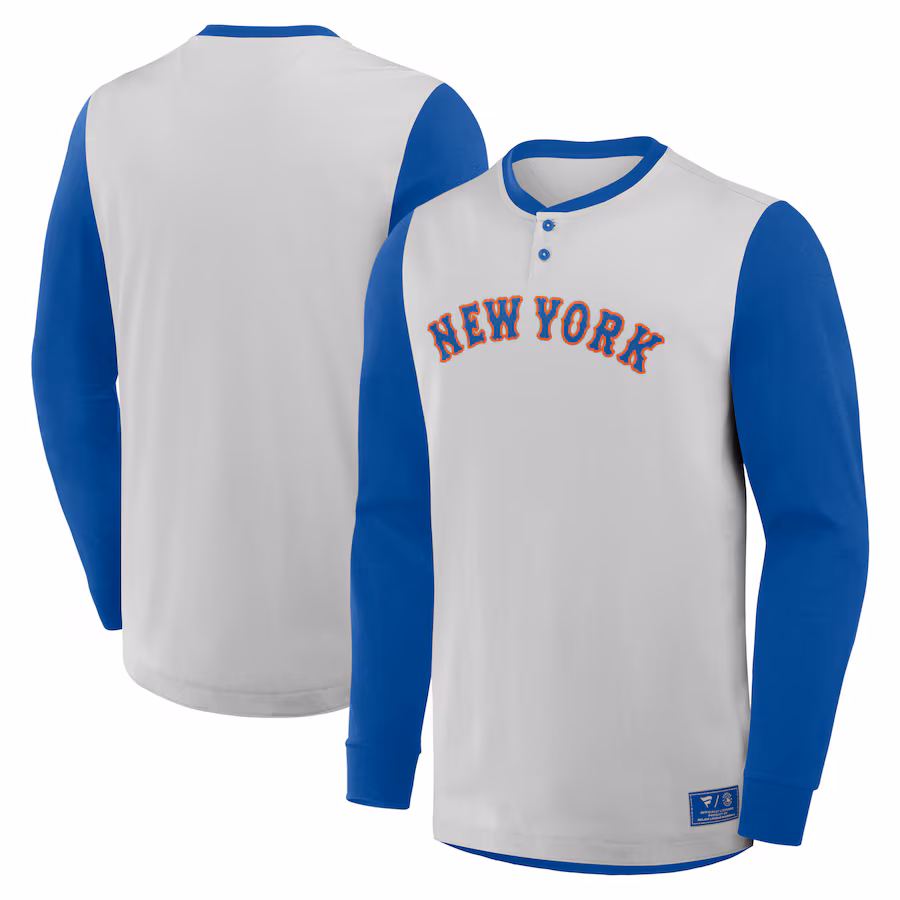 Men's New York Mets Fanatics Gray/Royal Clubhouse Long Sleeve Henley Shirt - Jersey