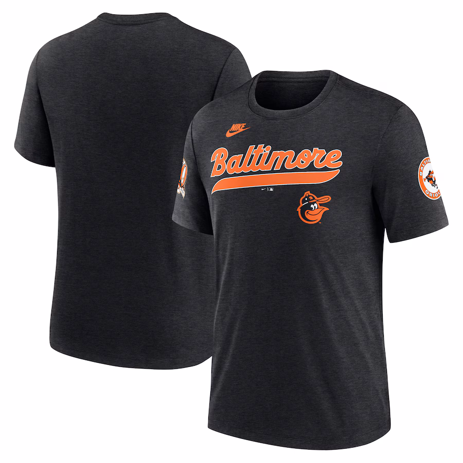 Men's Baltimore Orioles Nike Heather Black Cooperstown Collection Eras Tri-Blend T-Shirt - Jersey